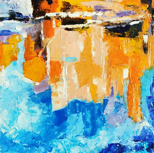 Reflections N 2, Abstract Painting Small Original Art Blue Orange Beige Artwork Multicolor Geometric Wall Art by Yulia Berseneva