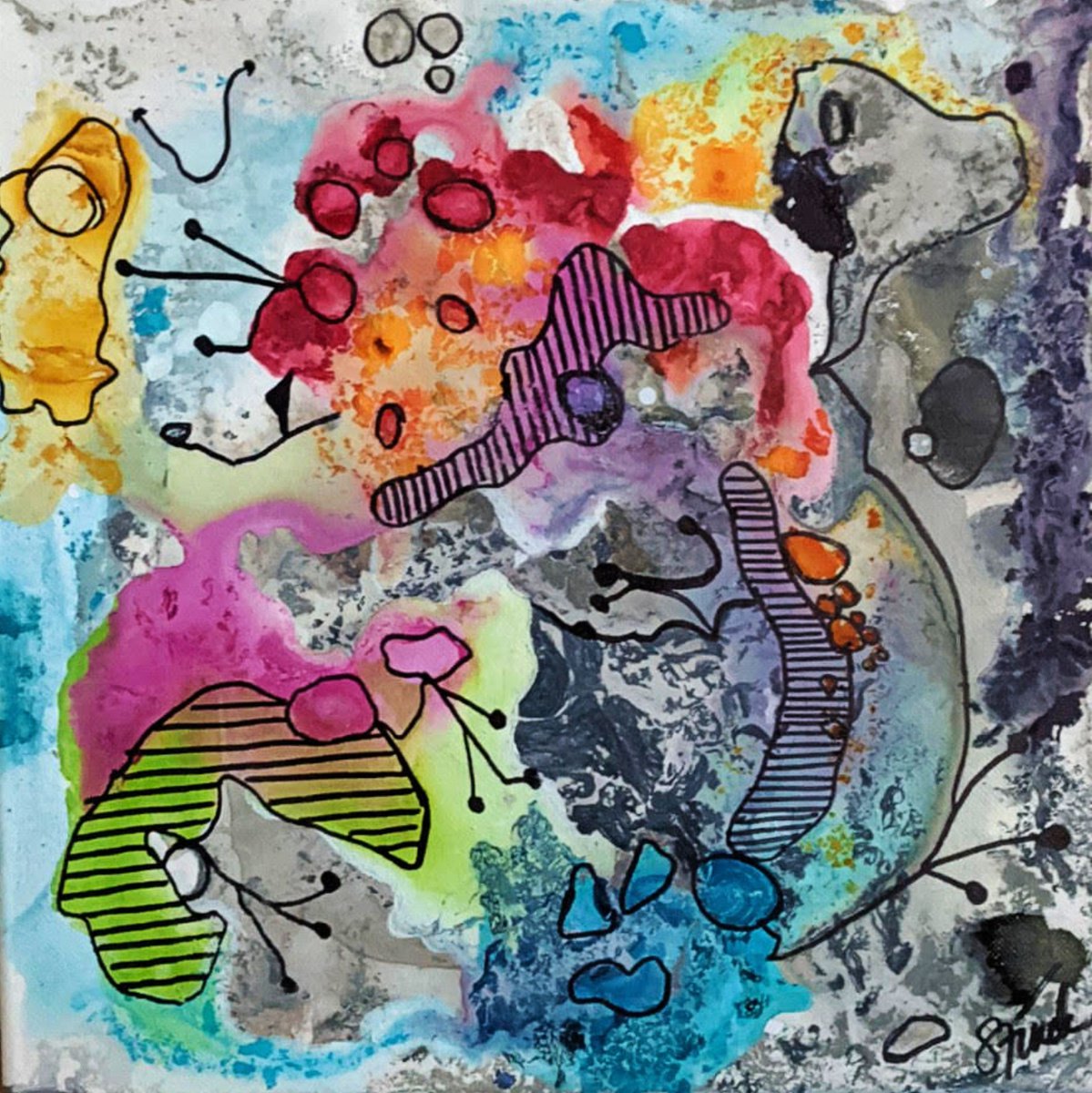 Abstract Acrylic Painting By Shelli Finch, 12 X 12", No Caution Whatsoever, Original Artwork