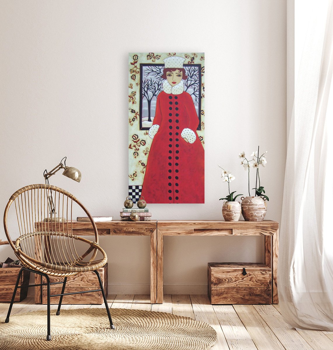 Impressionistic Portrait Oil Painting By Karen Rieger, 24 X 48", Woman With Red Coat, Original Artwork