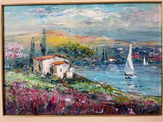 Springtime in Garda / Gardasee, oil painting with Italian golden frame.