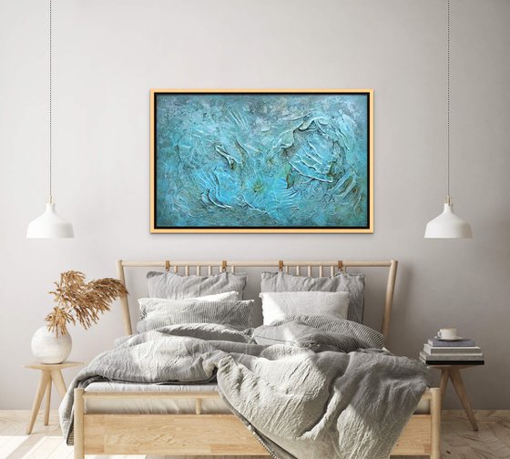 FOSSILS AND SEA SHELLS. Large Abstract Blue Teal Silver Gray Textured Painting 3D