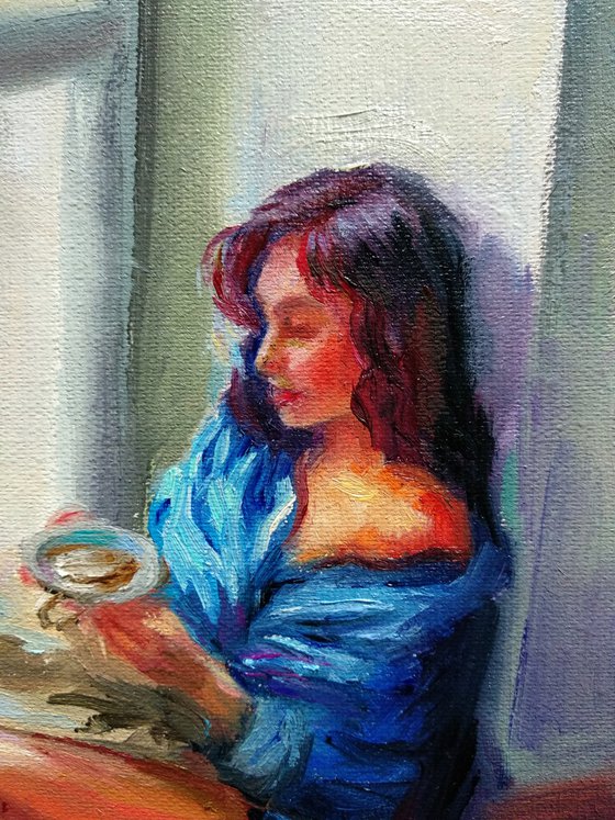 Woman Portrait Beautiful Girl Cup Of Coffee Window Sunshine Blue White