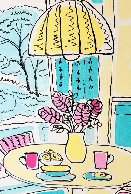 Kitchen with a yellow lamp