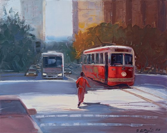 Cityscape with red  tram