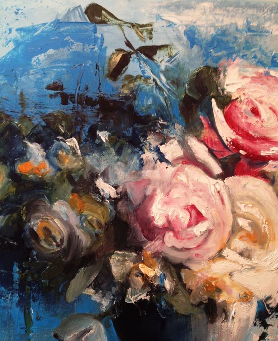 Flowers in blue room- Original oil painting- 32 x 47 cm (12' x 18')