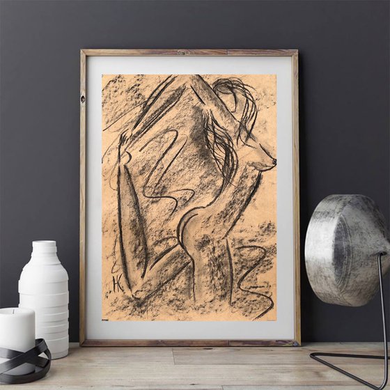 Nude Yoga Girl Charcoal Art