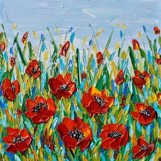 Poppies Meadow- Original Impasto Floral Painting, Palette Knife Textured Wall Art Canvas