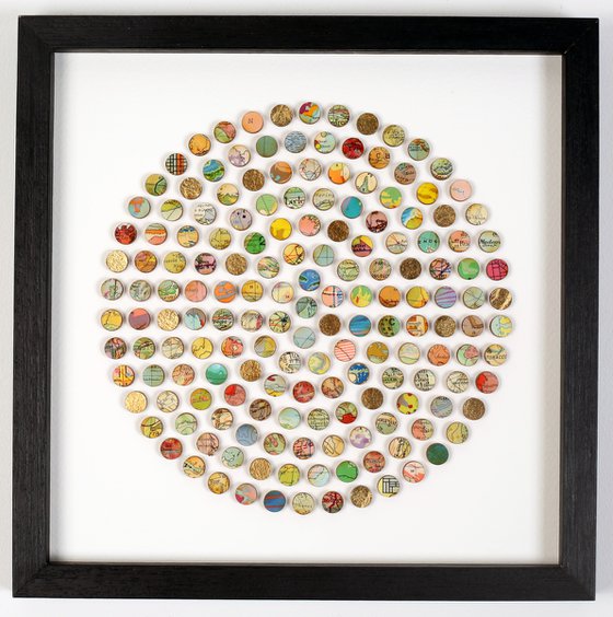 Circle of dots 3d Map original collage with gold leaf