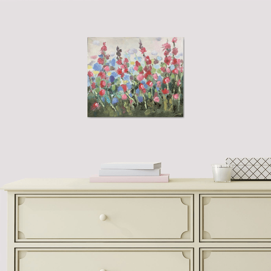 Summer Hollyhocks painting