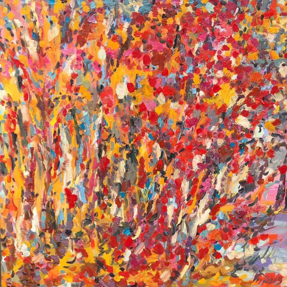 AUTUMN - abstract landscape art, original oil on canvas , Moscow park, vivid expressive multi-colored 146x146 cm