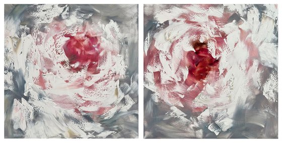 Set White peony petals painting. Gray pink flowers art.