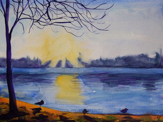 Norwegian watercolor painting Sunset winter lake with birds, romantic gift