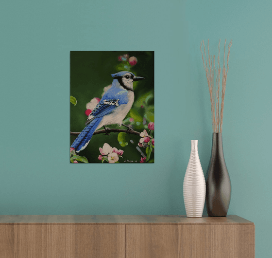 Blue Bird and Flowers, Male Jay, Realistic Animal