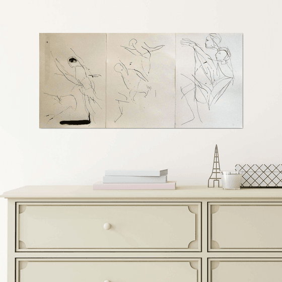 Rhythmic study - Triptych, 3 ink drawings 29x21 cm each