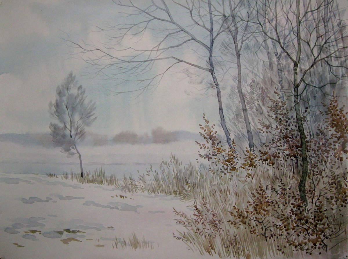 Impressionistic Landscape Watercolour By Valeriy Savenets-1, 16 X 12", It Snowed, Original Artwork
