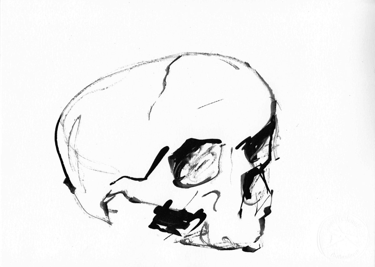 Expressive Portrait Ink Drawing By Lionel Le Jeune, 12 X 8", Skull, Original Artwork