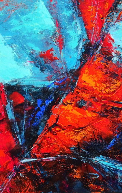 MOMENTS IN TIME III. Teal, Blue, Aqua, Navy, Red Contemporary Abstract Painting with Texture by Sveta Osborne