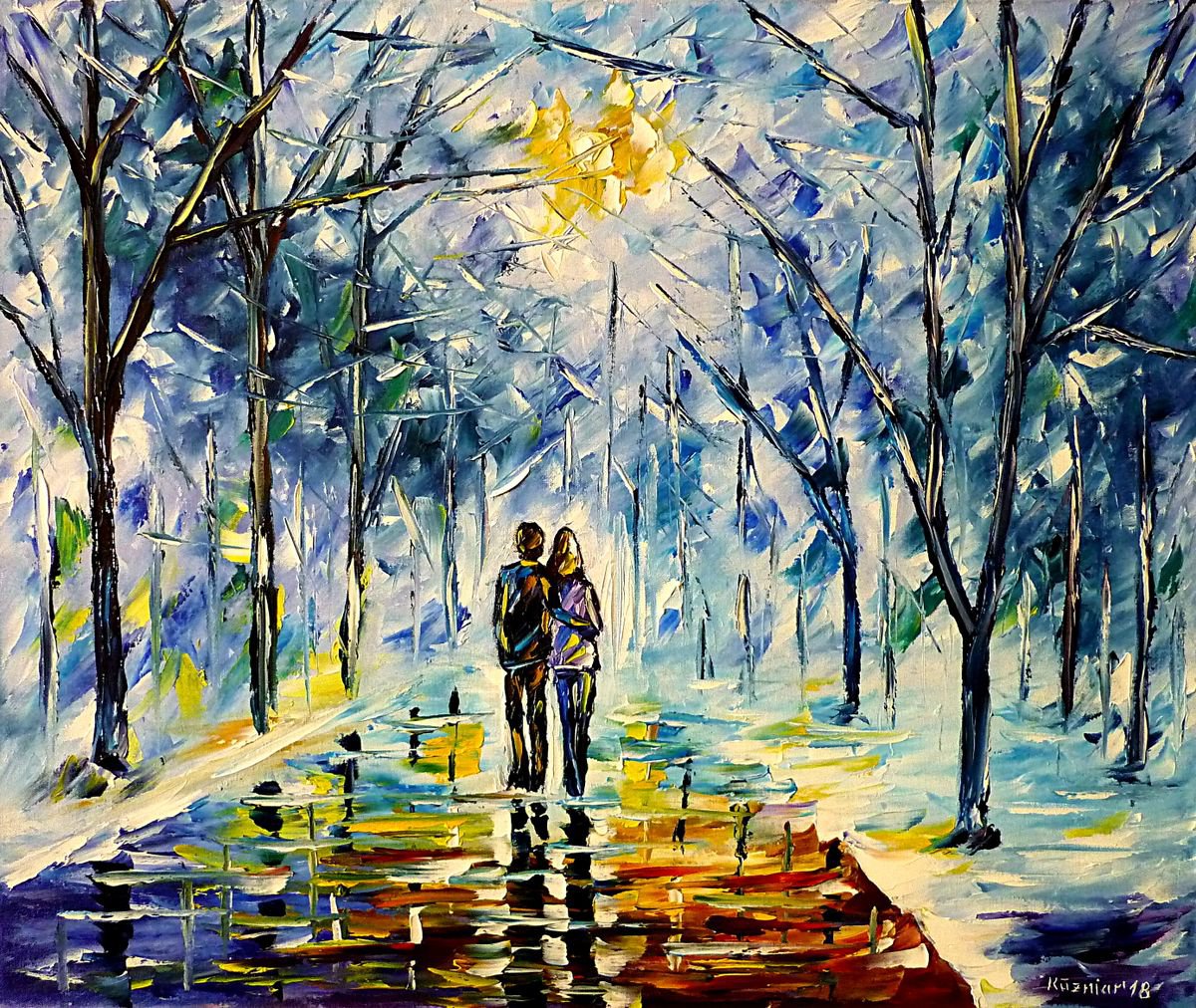 Expressive Landscape Oil Painting By Mirek Kuzniar, 24 X 20", Love Couple In Winter, Original Artwork