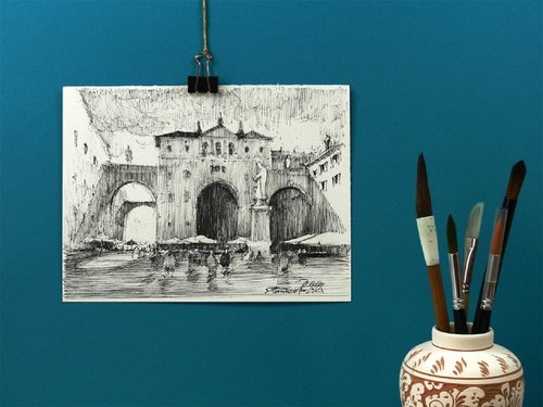 Verona, Original Ink Drawing, 2022 by Marin Victor