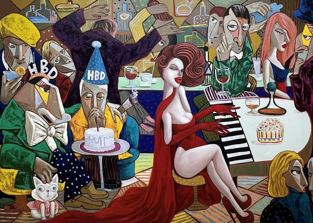 Surrealistic Oil Painting , Lady In Red Sings Happy Birthday By Ta Byrne, 71 X 51, Artwork For Sale On Artfinder