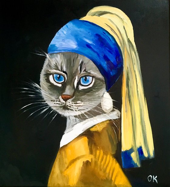 British blue Cat with the pearl earring #2 inspired by Vermeer painting feline art for cat lovers gift idea