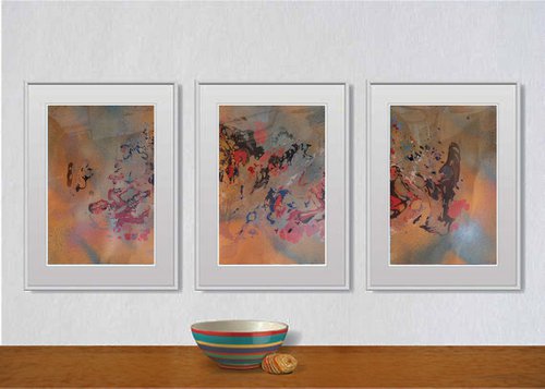Set of 3 Fluid abstract original paintings on carton - 18J044 by Kuebler