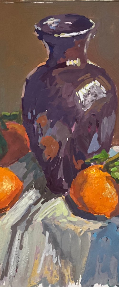 Oranges with a purple vase by Nithya Swaminathan