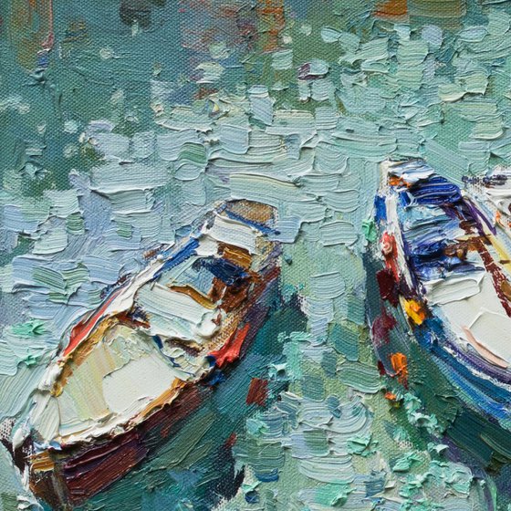 Moored rowing boats - Original oil seascape painting