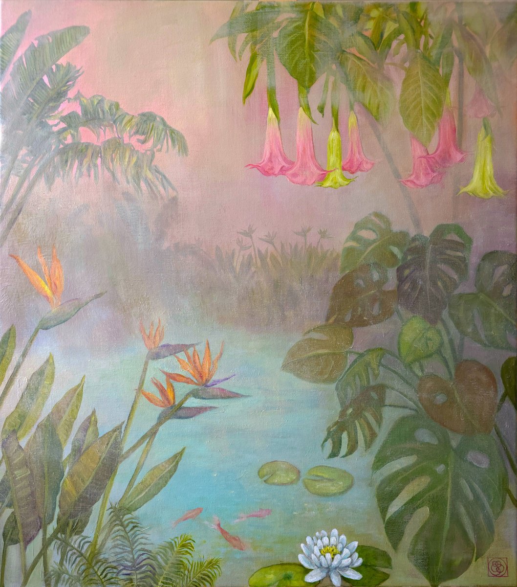 Impressionistic Botanical Oil Painting By Katia Bellini, 31 X 35", Tropical Pond, Original Artwork
