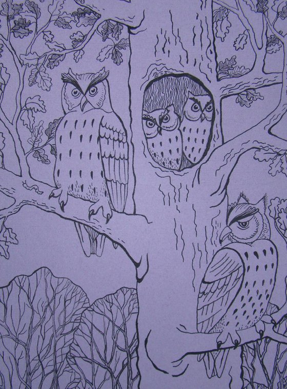 Owls in the forest. Original ink.