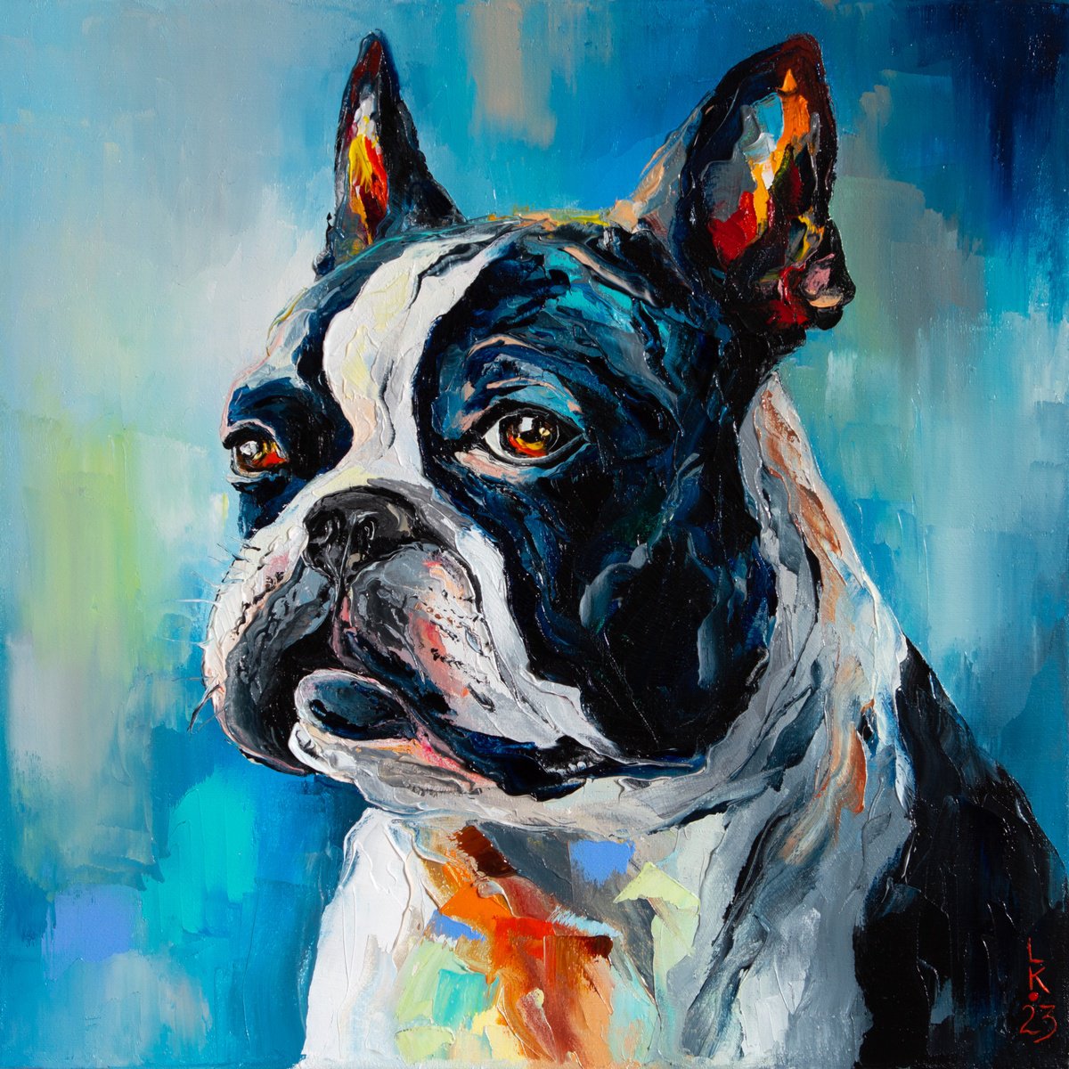 Animal Oil Painting By Liubov Kuptsova, 16 X 16", Boston Terrier, Original Artwork