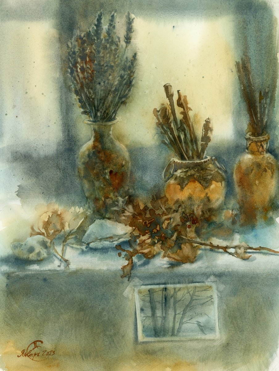 Still life on the window. Still life with branch of oak. by Tatyana Tokareva