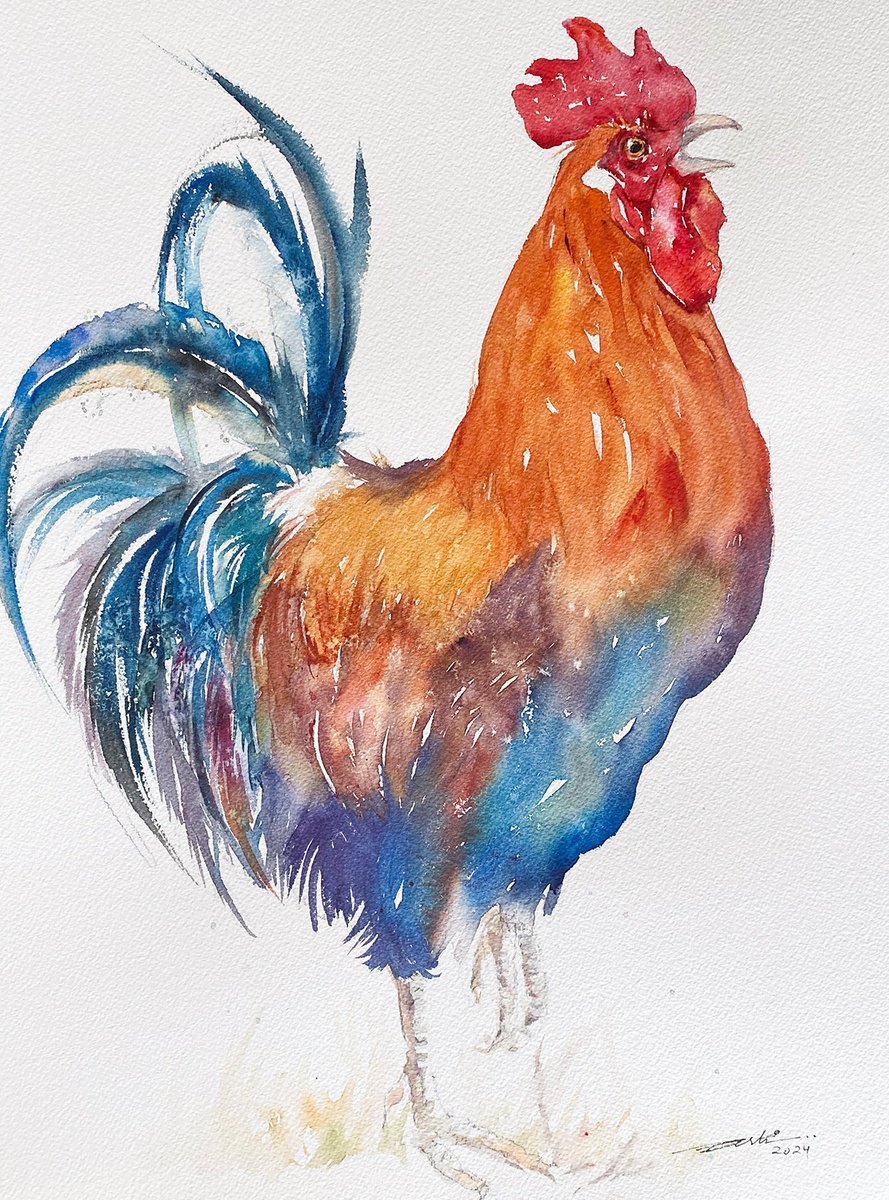 Impressionistic Animal Watercolour By Arti Chauhan, 12 X 16, Rooster Call, Original Artwork