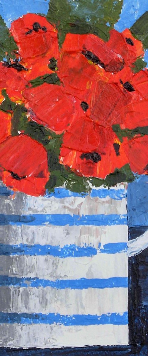 Red Flowers in a Striped Jug by Jan Rippingham