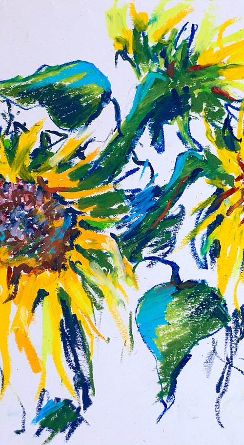 Still life with sunflowers. Oil pastel painting. Small interior decor flowers impression expression yellow green by Sasha Romm