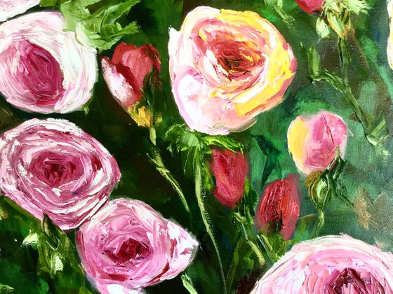 WHITE PINK YELLOW PURPLE  ROSES IN A GREENWICH GARDEN palette knife modern still life  flowers office home decor gift