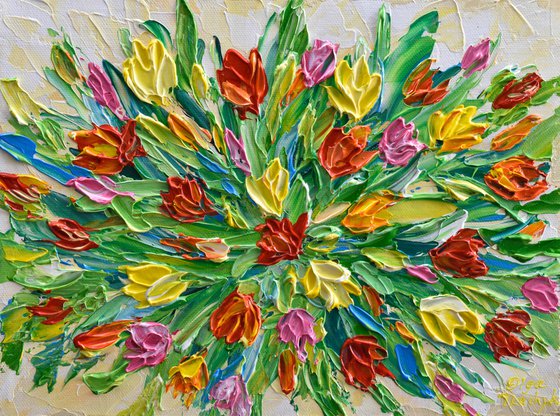 Spring Tulips - Impasto Flower Painting, Colorful Palette Knife Floral Artwork, Small Canvas, Gift for Mom