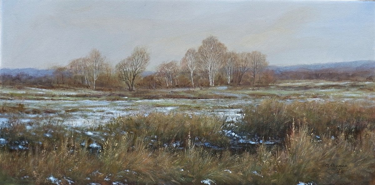 Impressionistic Landscape Acrylic Painting By Gerard Kramer, 24 X 12, Autumn, Original Artwork