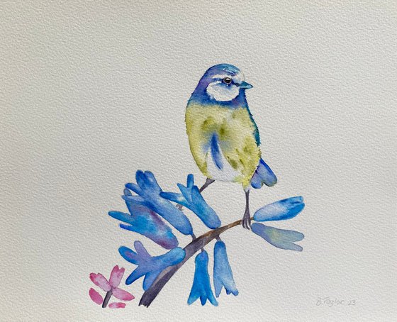 Blue tit and flowers painting