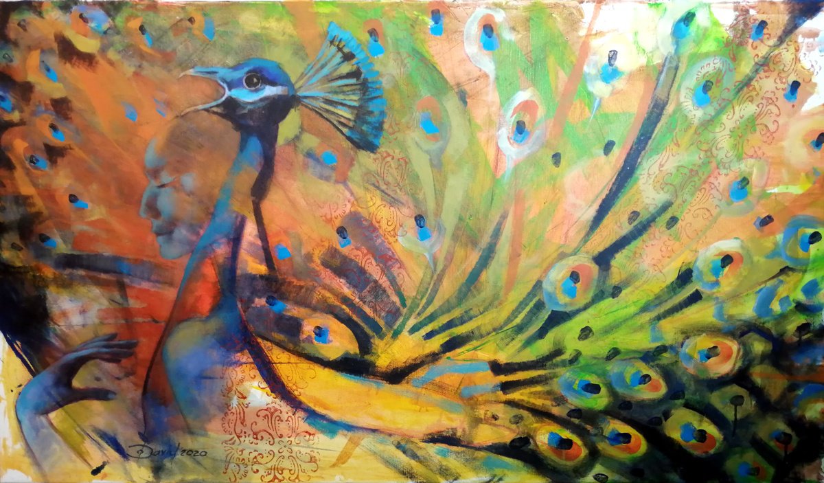 Expressive Animal Acrylic Painting By Olga David, 55 X 31", Female Peacock Fantasies, Original Artwork