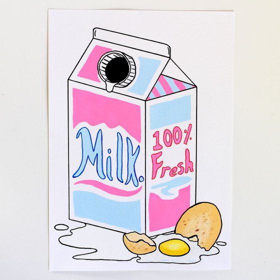 Retro Milk Carton and Broken Egg Pop Art Painting On Unframed A4 Paper