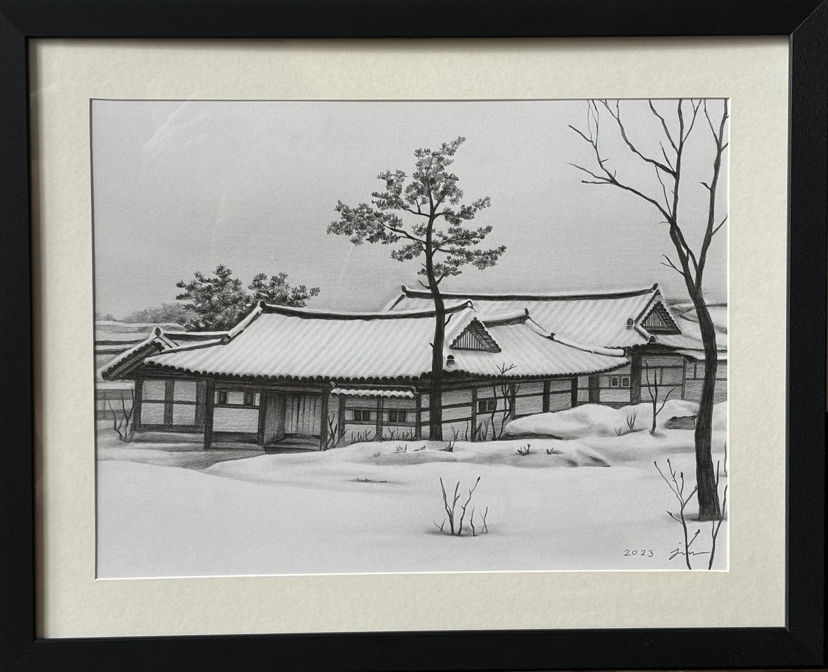 Photorealistic Cityscapes Pencil Drawing By Sun-Hee Jung, 21 X 17", Hanok In The Snow, Original Artwork
