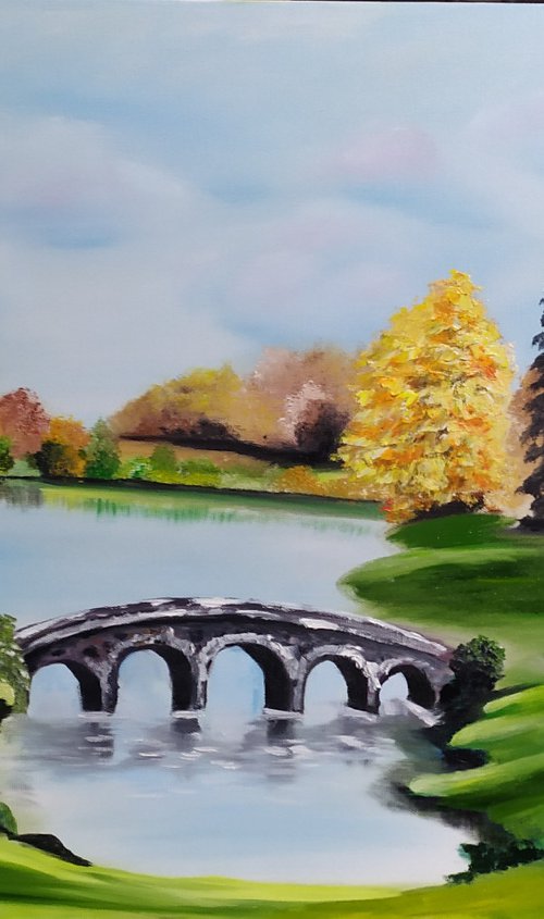 Stourhead gardens ,Wiltshire England, original park landscape oil painting by Nataliia Plakhotnyk