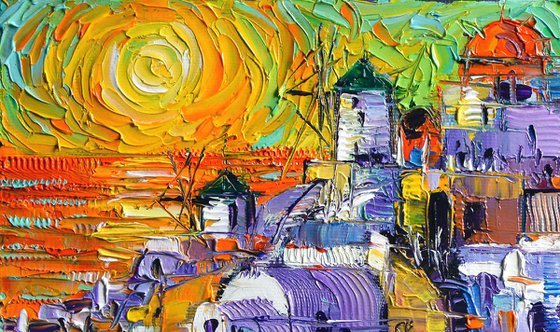 OIA SANTORINI MAGIC LIGHT Modern Impressionist Stylized Cityscape Impasto Palette Knife Oil Painting