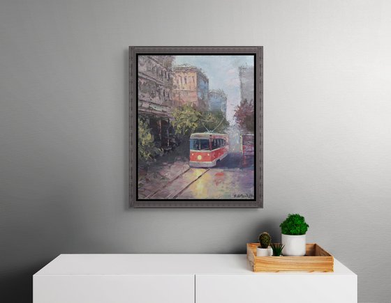 Red Tram Through the City