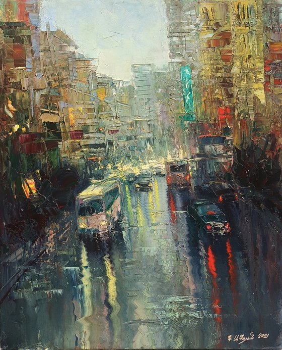 Lights of city (50x60cm, oil painting, ready to hang)