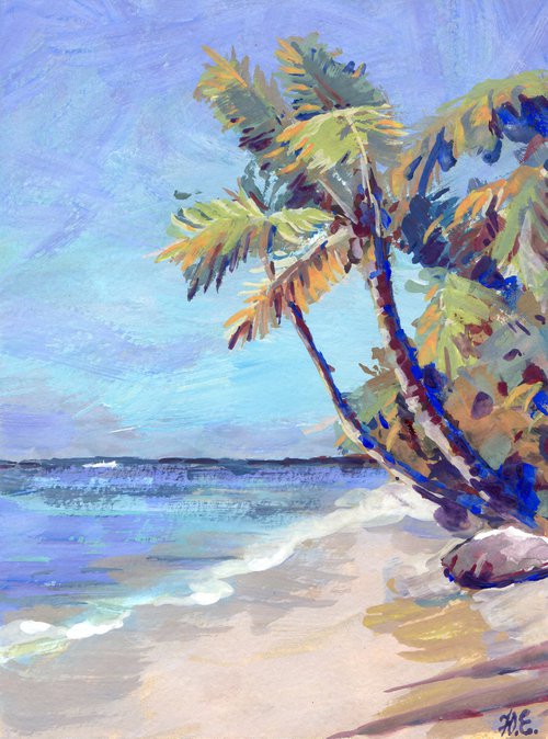 Palm beach, Blue sea and shore, small gouache art by Yulia Evsyukova