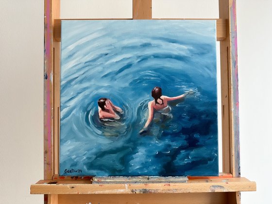 Swimming with my Friend - Swimmer Woman in Ocean Painting