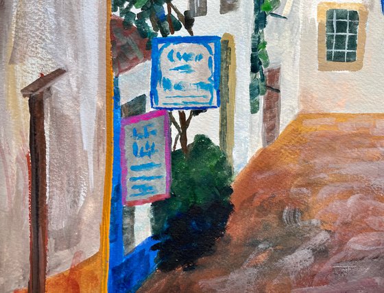 Portugal Original Gouache Painting, Europe Wall Art, Obidos Street Artwork, Travel Gift, Mediterranean Home Decor