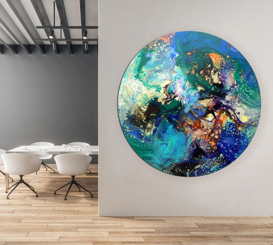 Looking for the rainbow - Large abstract round painting with gold leaf